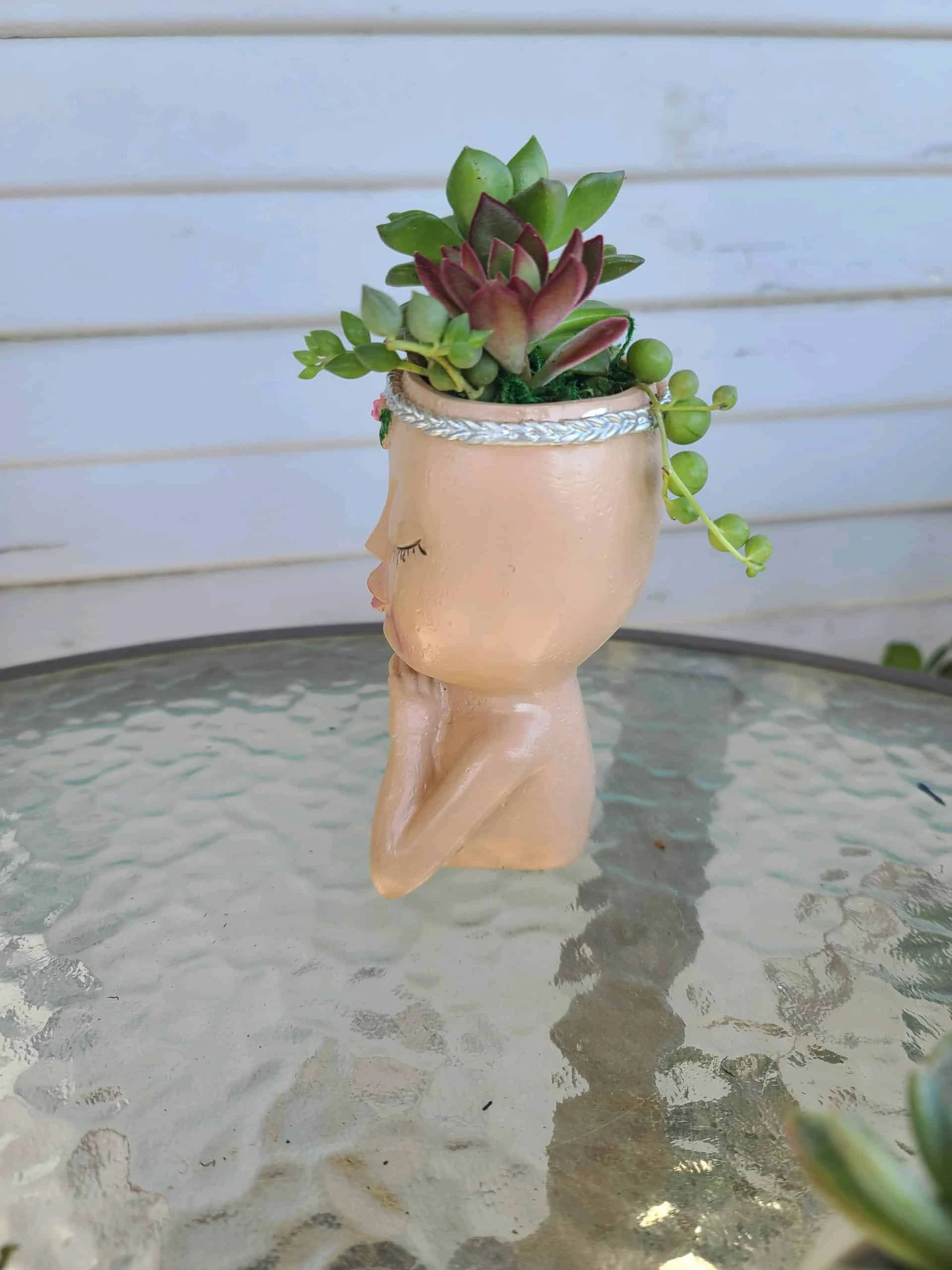 Mini Girl Face Head Planter With Live Succulent - Image 3